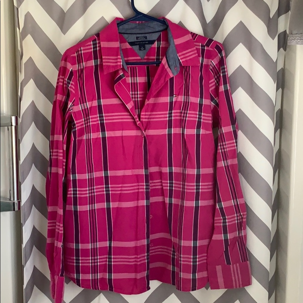 Pink plaid button down shirt